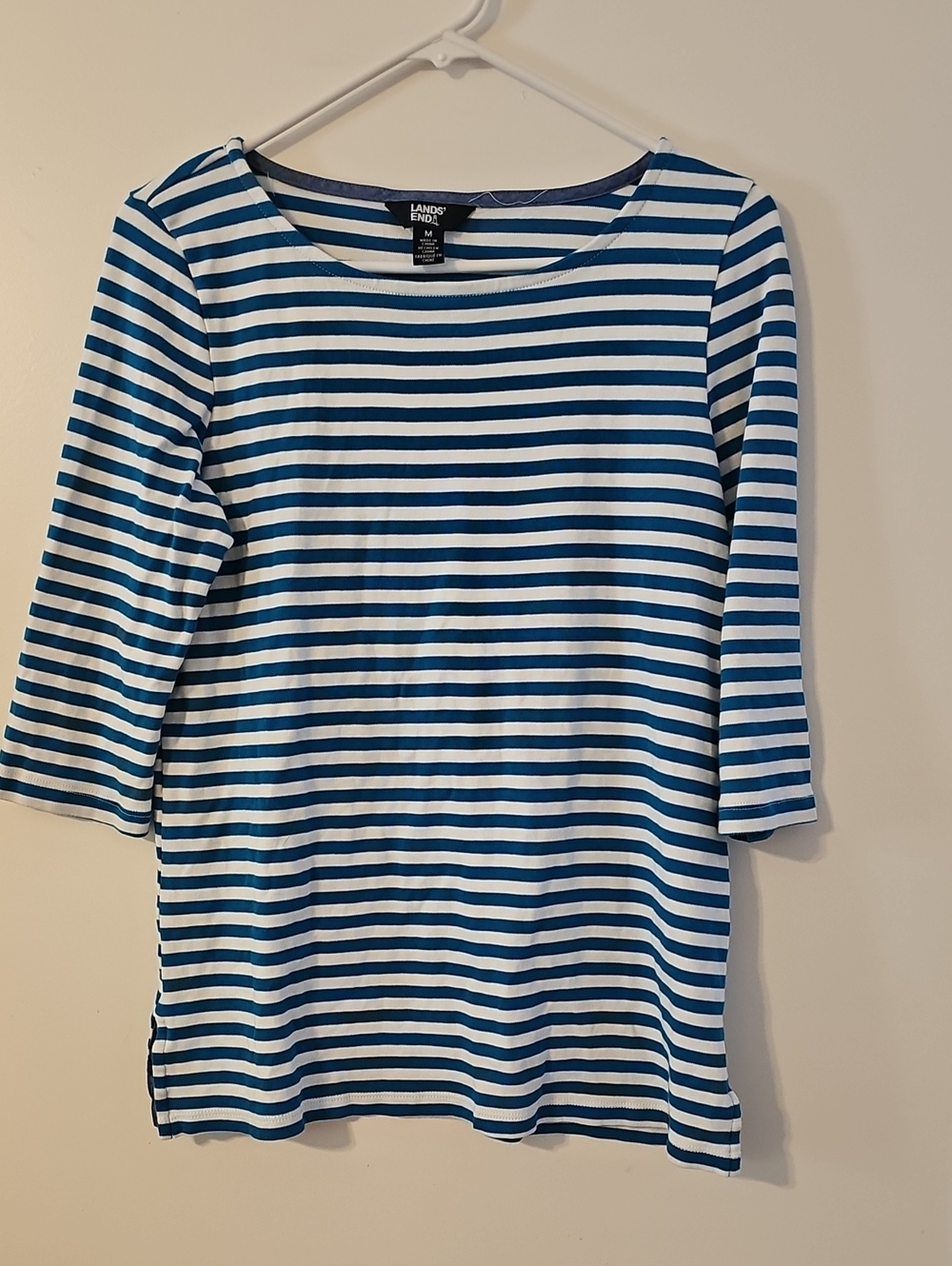 Lands' End Women's TealBlue & White Striped Boatneck Top 3/4 Sleeves Size Medium